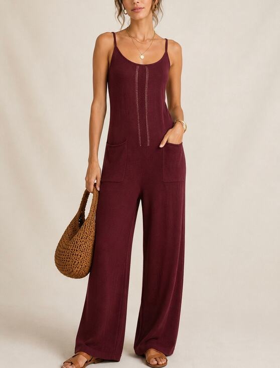 Anthropologie Pants - Anthropologie Burgundy Knit Sleeveless Wide Leg Jumpsuit With Pockets Size M